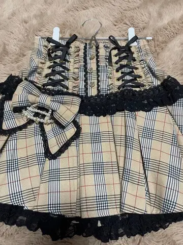 LIZLISA 원사이드 리본 체크 치마바지 - 베이지