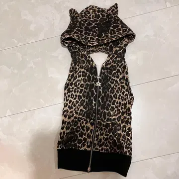 레오파드 무늬 고양이 귀 후드 슬리브리스 후드티