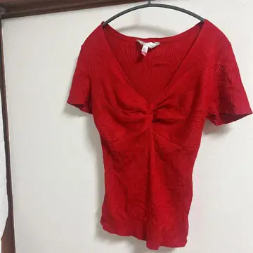빨간색 리브 V넥 상의 여성용 L 사이즈