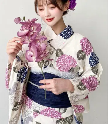 수국 패턴 유카타 오비 세트