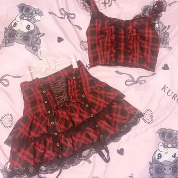 QOOZA 셋업 빨간색 체크 서브컬쳐 지뢰 아이돌