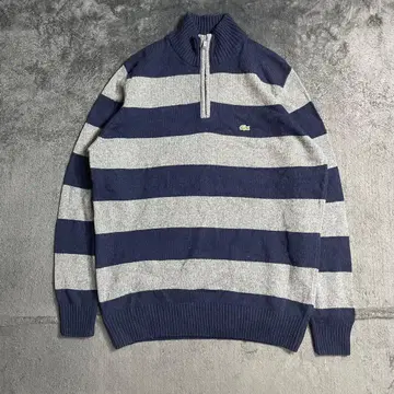 LACOSTE 라코스테 하프 지퍼 울 니트 스웨터 굵은 보더 자수 로고