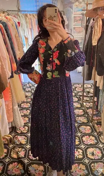 [ vintage ] 70s Indian 플라워 퀼트 원피스 네이비