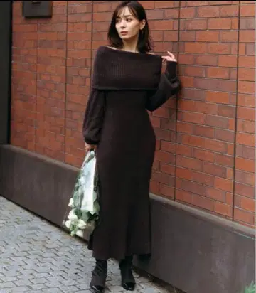 anuans 오프숄더 내로우 니트 롱 원피스 블랙