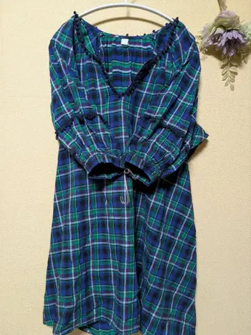 아즈노아즈 파랑과 그린 체크 무늬 튜닉 원피스 미착용