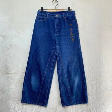 TITICACA/와이드 데님 팬츠/M/스티치 자수 블루