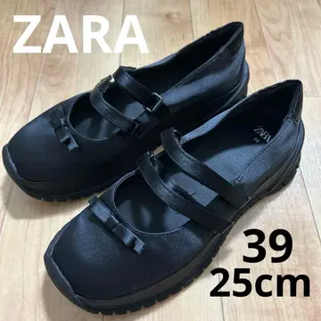 ZARA 리본 포함 스포티 발레리나 슈즈 발레 통굽 블랙 39
