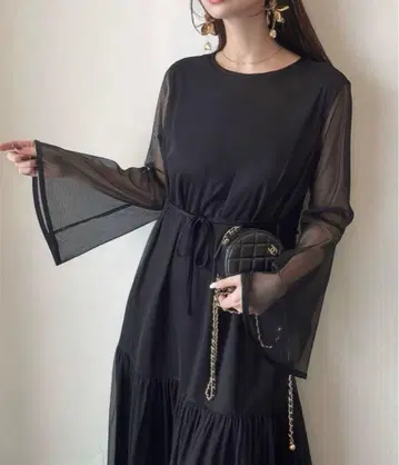 JUNOAH 튤 플레어 슬리브 원피스 블랙 S