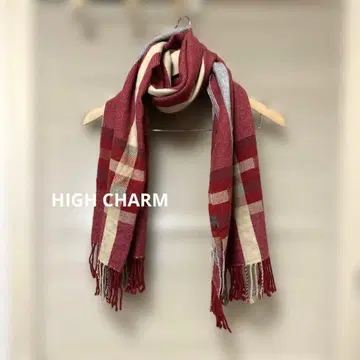HIGH CHARM 빨간색과 크림색 체크 머플러 울 70% 4