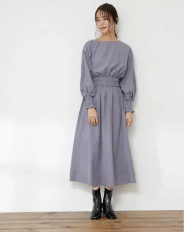 피치 셔링 허리 원피스 블루