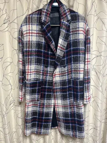 체크 무늬 울 혼방 체스터 코트