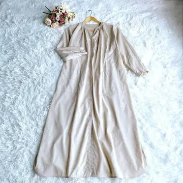 새상품급 SHIPS 쉽스 린넨 혼방 밴드 카라 롱 원피스 베이지