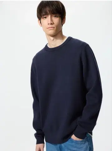 유니클로 워셔블 밀라노 리브 크루넥 스웨터 (네이비)