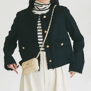 [ 미사용 ] 라 부티크 봉봉 팬시 트위드 크롭 자켓 노칼라