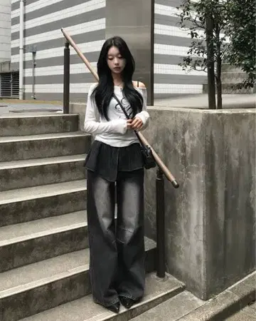 emmy 플리츠 스커트 레이어드 데님 팬츠 블랙