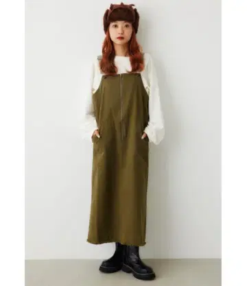 새상품 로데오 크라운 데님 오버롤 스커트 카키