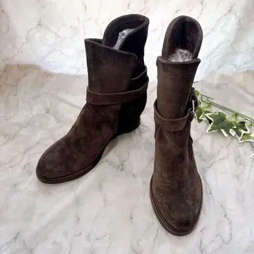 스웨이드 숏부츠 버클 인힐 부츠 브라운 23cm