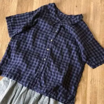 홈워킹 깅엄 체크 반팔 셔츠 린넨 100%