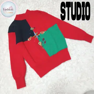 STUDIO 나침반 자수 니트 스웨터 빨간색 골드 버튼 ORB 한국제