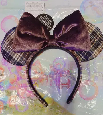 디즈니 리조트 머리띠 체크 무늬 브라운 브라운 미니 겨울