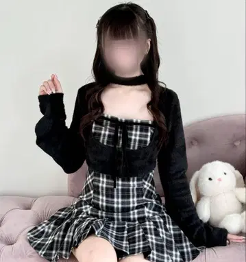 bunnylis 퍼 볼레로 x 체크 미니 원피스