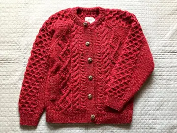 하베스티 울 100% 가디건 핸드 니트 케이블 니트 빨간색