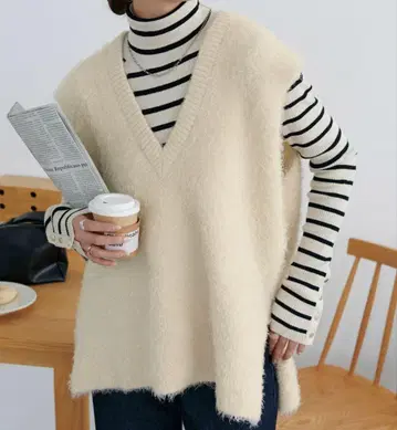 DISCOAT 아이보리 V넥 니트 베스트 F 사이즈