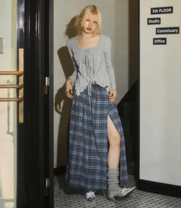 아클렌트 볼륨 랩 체크 스커트 Aclent 롱 스커트