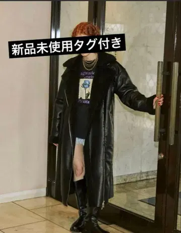 jouetie 에코 무스탕 라이더 롱 코트 블랙