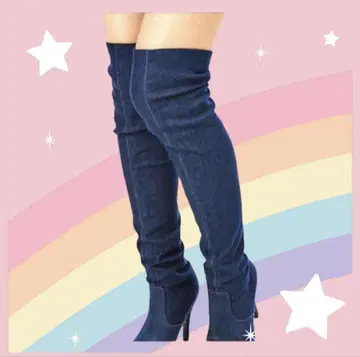 미사용 정가 21,780엔 23.5cm 스트레치 데님 니하이 부츠