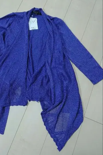 7부 소매 라메 퍼플 밑단 레이스 시스루 편직 보라색 가디건