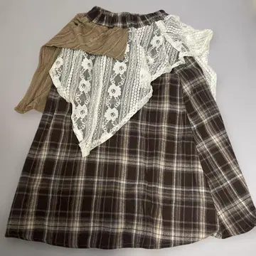 깅엄 체크 브라운 롱 스커트 레이스 포함