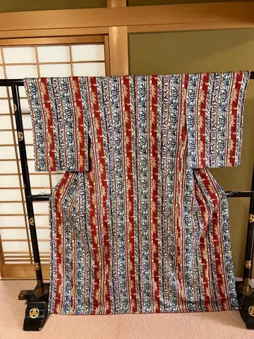 5 코몬 이중 기모노 순수 실크 염색 대나무 잎 줄무늬 문양 멋진