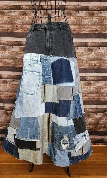 리메이크 데님 맥시 길이 롱 스커트