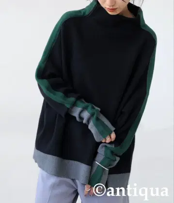 더블 자카드 보틀넥 라인 배색 니트 블랙