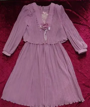 빈티지 원피스 쉬폰 플리츠 쇼와 레트로 자수 코사지