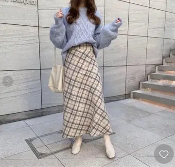 RiLi 체크 플레어 롱 스커트 파랑 화이트 겨울 베이지 레트로