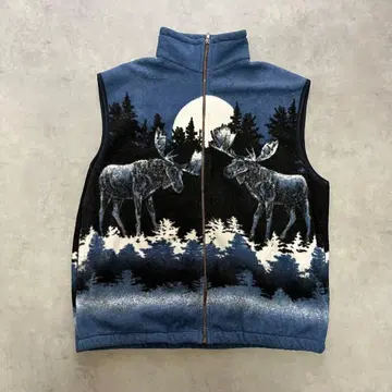 80s 90s USA제 플리스 베스트 애니멀 무늬 포레스트 사슴 패턴