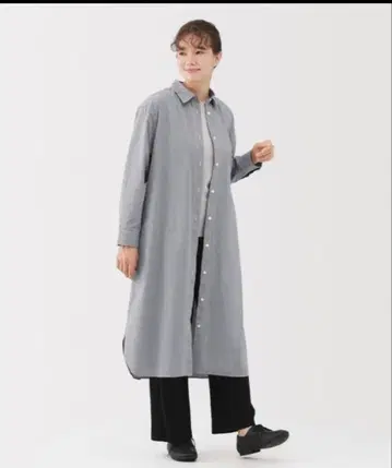 무인양품 MUJI 워싱 브로드 긴팔 셔츠 원피스 M 그레이 체크