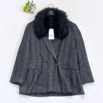 [ 새상품 ] ZARA 퍼 달린 헤링본 체스터 코트 2way 블랙 XL