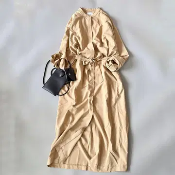 이아 파피요네 밴드 카라 셔츠 원피스 롱 기장 허리 리본