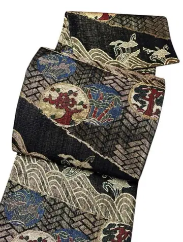 A43 새상품급 후쿠로 오비 금실 다채로운 재단 완료 순수 실크