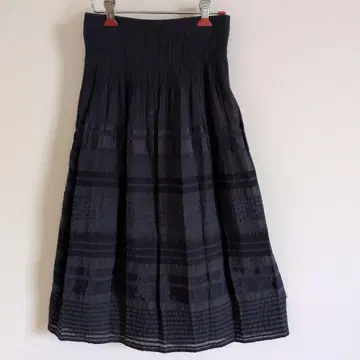 다크 블루 플레어 스커트 셔링 허리