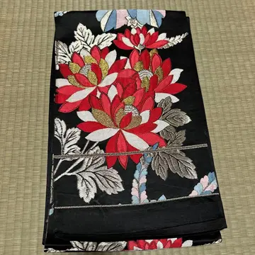 연꽃 무늬 후쿠로 오비 블랙 베이스 기모노 오비