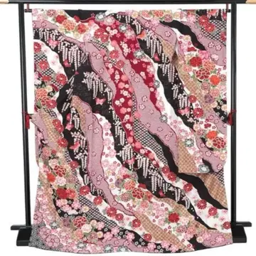 후리소데 블랙 보라색 도초도리에 나비, 모란 끈