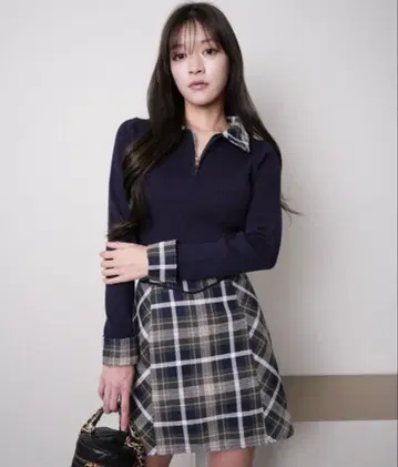 립 서비스 체크 컬러 리브 니트 허리 코르셋 체크 미니 스커트