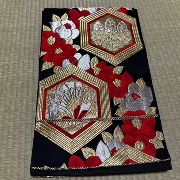 후쿠로 오비 블랙 베이스 꽃무늬 자수