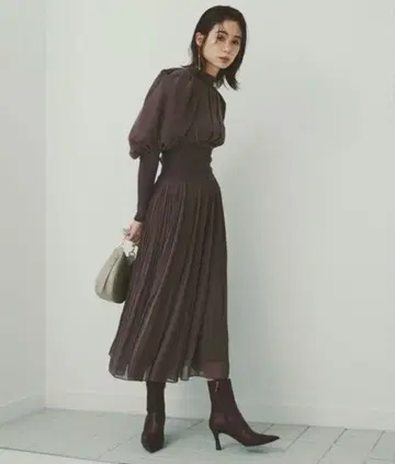 snidel 리브 도킹 쉬폰 플리츠 원피스 원피스 브라운