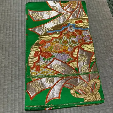 그린 컬러 후쿠로 오비 금실 자수 꽃무늬