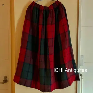 ICHI Antiquites 린넨 빨간색 체크 스커트